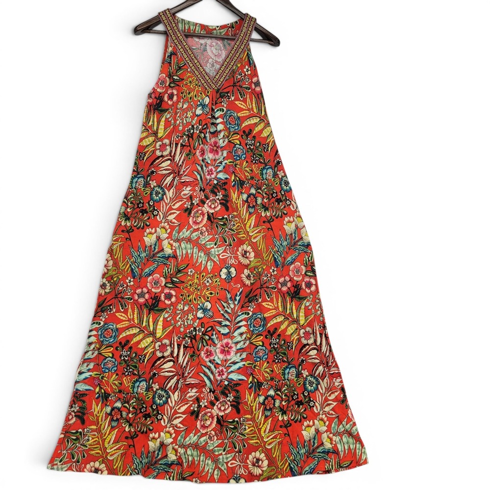 Soft Surroundings Womens M Floral Maxi Dress Boho Tropical Sleeveless Red